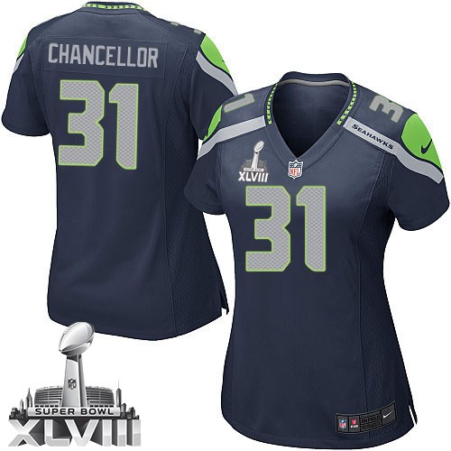 NFL Kam Chancellor Seattle Seahawks Women's Game Team Color Home Super Bowl XLVIII Nike Jersey - Navy Blue NFL Kam Chancellor Seattle Seahawks Women's Game Team Color Home Super Bowl XLVIII Nike Jersey - Navy Blue