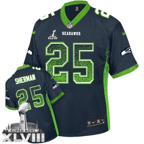 NFL Richard Sherman Seattle Seahawks Elite Drift Fashion Super Bowl XLVIII Nike Jersey - Navy Blue