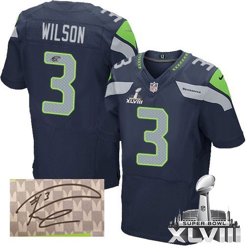 NFL Russell Wilson Seattle Seahawks Elite Team Color Home Autographed Super Bowl XLVIII Nike Jersey - Navy Blue